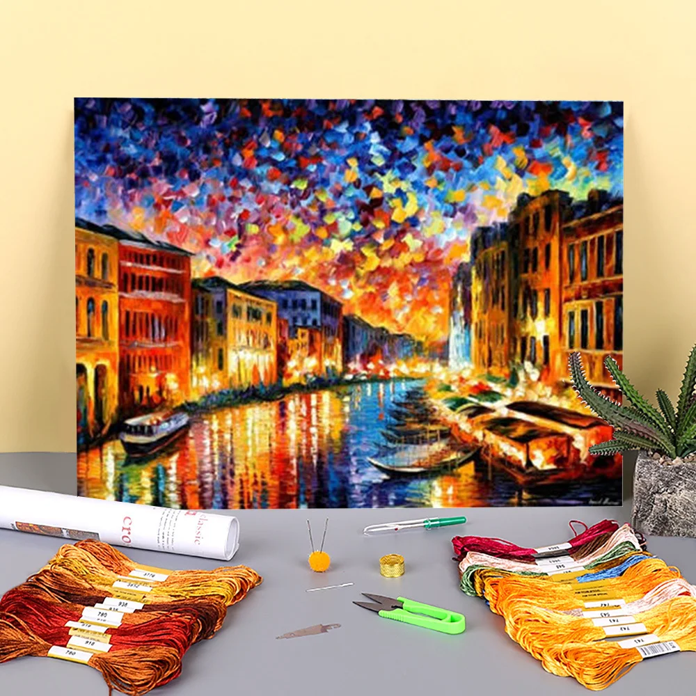 Venice Grand Canal Pre-Printed 11CT Cross-Stitch Patterns DIY Embroidery DMC Threads Knitting Needlework Painting Craft   Sales