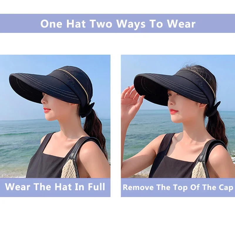 Women\'s Summer Hat Removable Cap Top with Zipper Empty Top Hat Cycilng Anti-UV Sun Hats Ladies Foldable Big Brim Hat Visor Caps