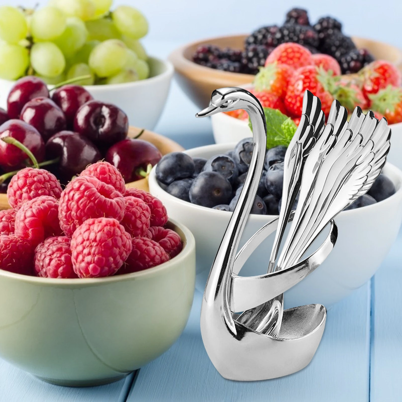 

1 set Swan Cutlery Set Stainless Steel Fruit Forks Creative Tableware Holder Dessert Forks for Home Kitchen Cafe Hotel