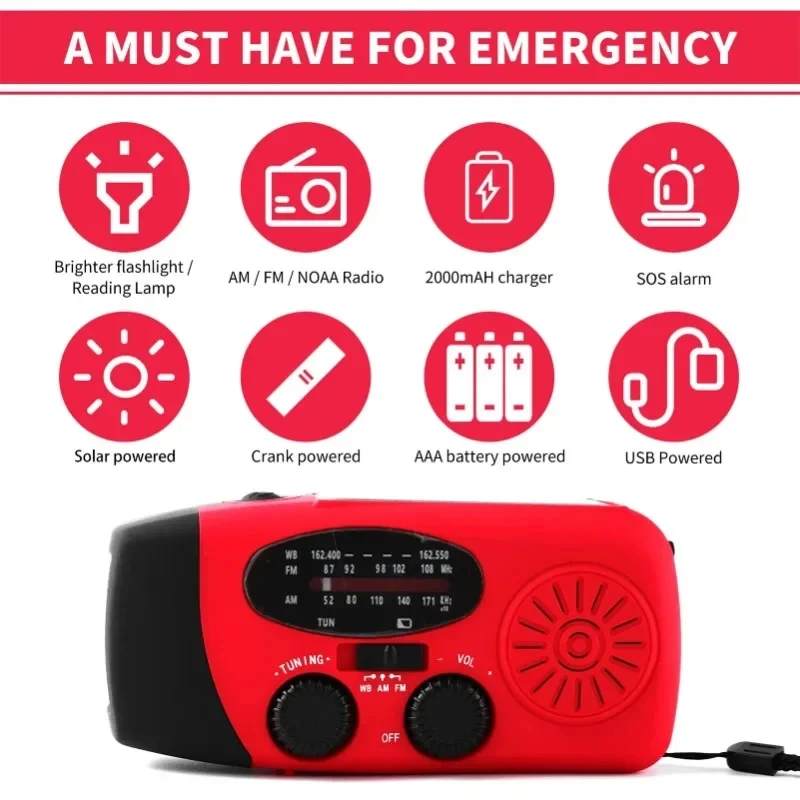 2000mah قوة البنك Usb راديو قابل لإعادة الشحن مصباح ليد جيب AM FM Noaa Noodradio الطقس المحمولة الطوارئ الشمسية كرنك اليد راديو