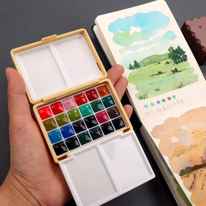 Portable Three-fold Plastic Watercolor Paint Box 12/24 Color Watercolor Package Student Travel Painting Art Supplies