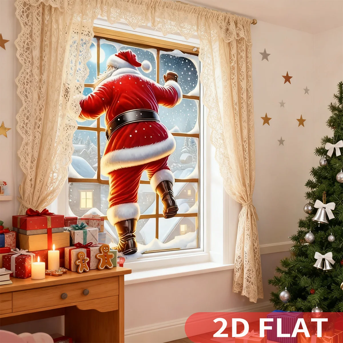 Polyester Christmas Santa Peeking Window Decoration, for Holiday, Santa Claus Window Cling for Christmas Party Decor