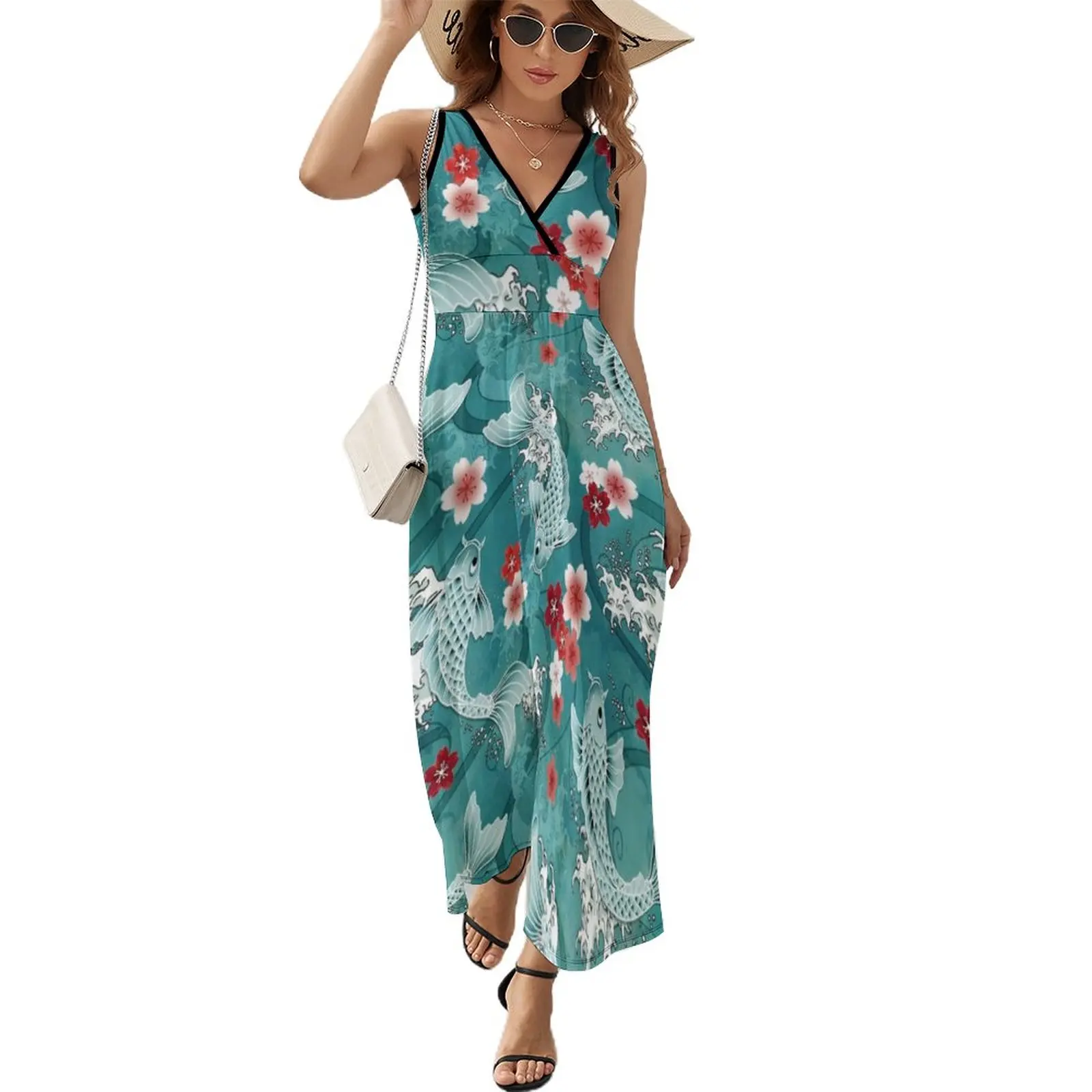 

Koi sakura blossom in turquoise Sleeveless Dress womans clothing Dance dresses Women's clothing dress women elegant luxury