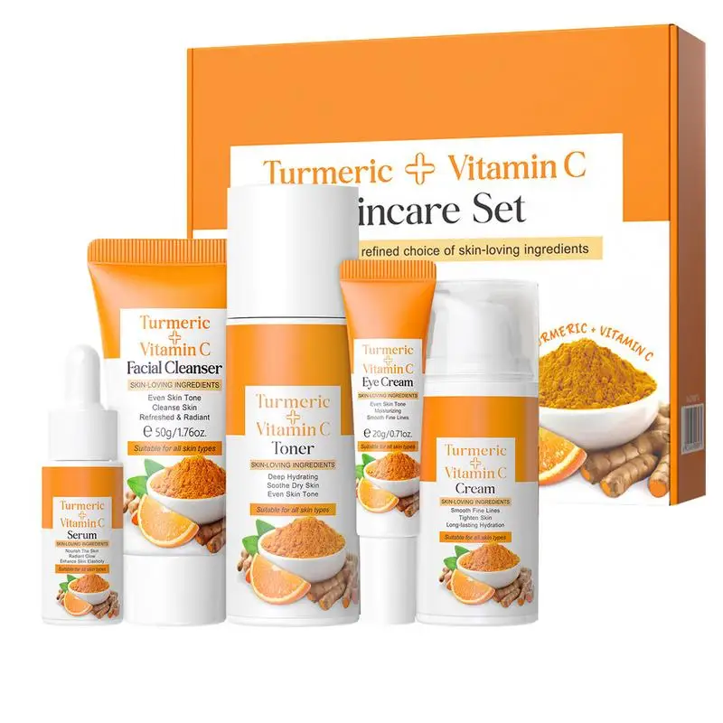 

5pcs Turmeric Skin Care Set Facial Acne Cleansing Cream Temeric Cream Shrink Pores Moisturizing Toner Eye Cream face Cleanser