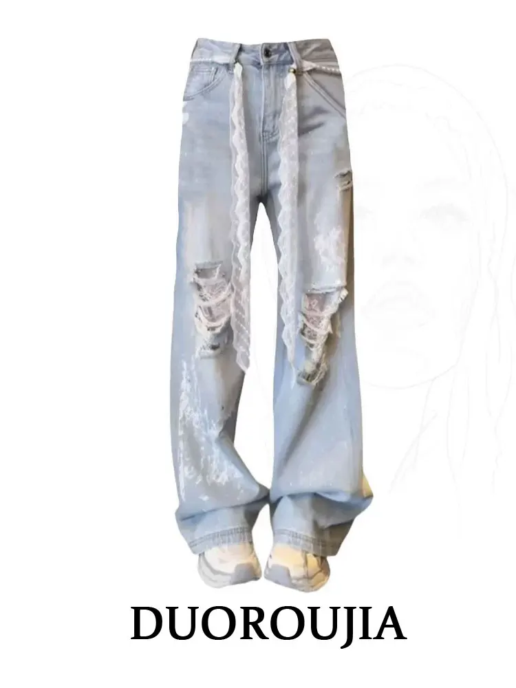 

plus Size Women's Denim Pants High Waist Wide Leg Lace Detail Floor Length Street Sle Casual Loose Fit Trendy Vintage