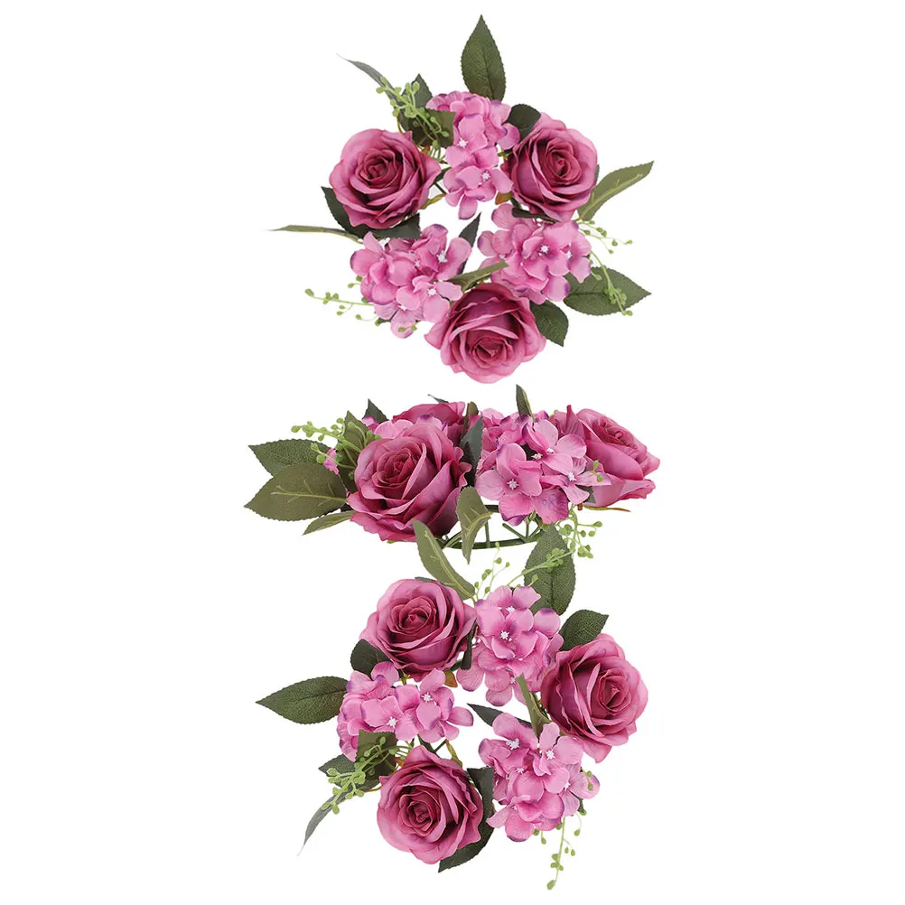 

3Pcs Wreath Ring Faux Rose Floral Decor for Table Centerpiece Pillar Candles Wedding Layout Props Holiday Home Decorative