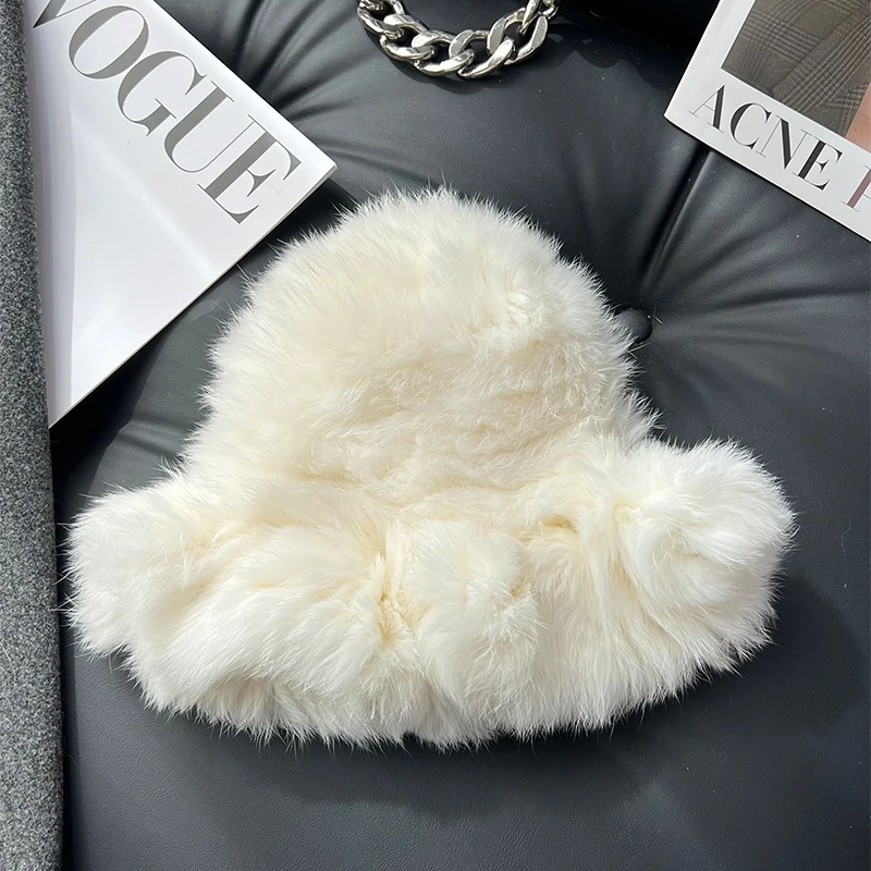 New Real Rabbit Fur Fisherman\'s Hat For Women Winter Warm Rabbit Fur Caps Soft Natural Rabbit Fur Hats Female Fashion Fur Cap