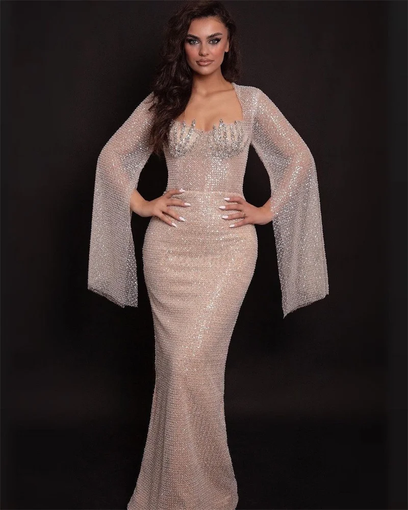Formal Long Cape SleeveDubai Arabic Evening Dresses Customized Mermaid Heavy Beaded Crystal Women Party Dress Aso Ebi Prom Gowns