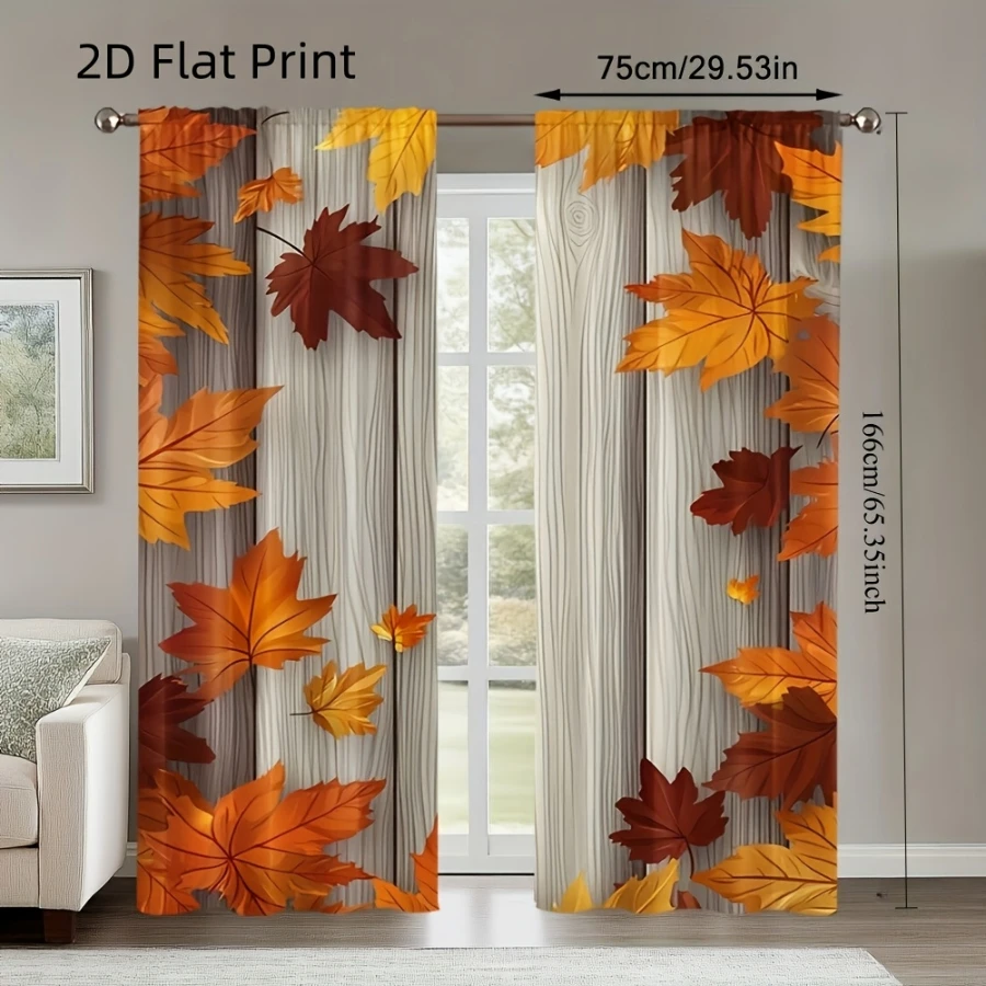 2PCS Digital Print Curtains Autumn Maple Leaf Wood Grain Fall Rod Pocket