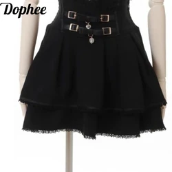 Dophee Japanese Spring Summer Women Short A-line Skirts Elegant High Waist Double Bow Leather Button Diamonds Love Mini Skirt