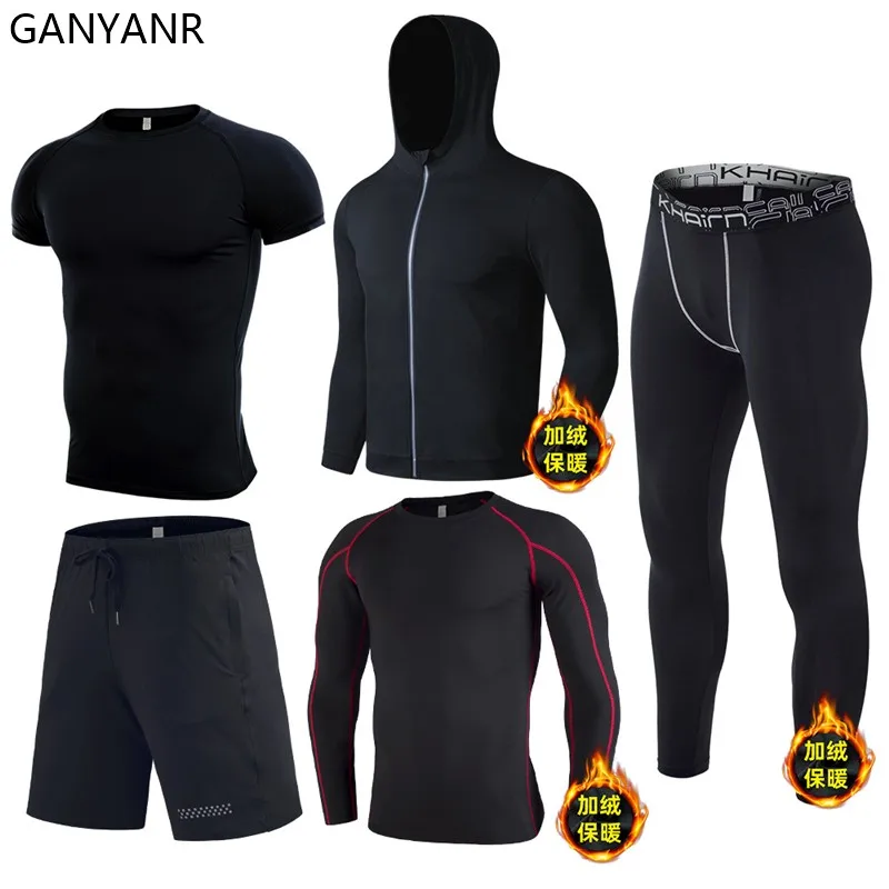 GANYANR Running Set Men Clothing T-shirt Jacket Pants Sweatshirt Hoodies Sports Suit Football Pullover Winter Fleece Tracksuit