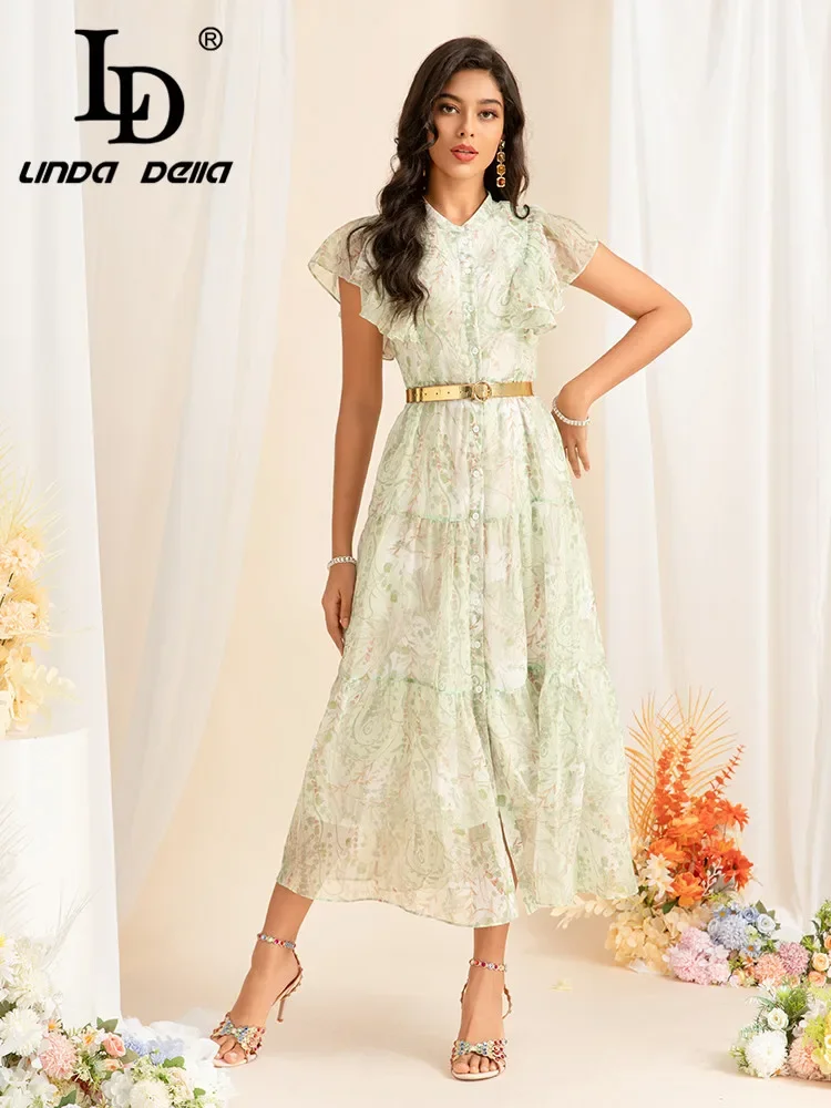 

LD LINDA DELLA Round Neck Lotus Leaf Short Sleeve Single Breasted Tie Waist Large Swing Fresh Print Mid-length New Long Dress