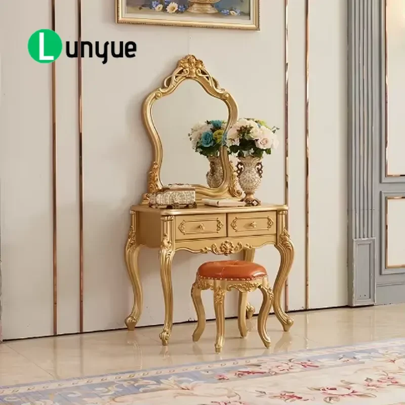 European Solid Wood Carved Flower Dresser Makeup Vanity Table with Drawer Bedroom Living Room Hotel Furniture Set Elegant