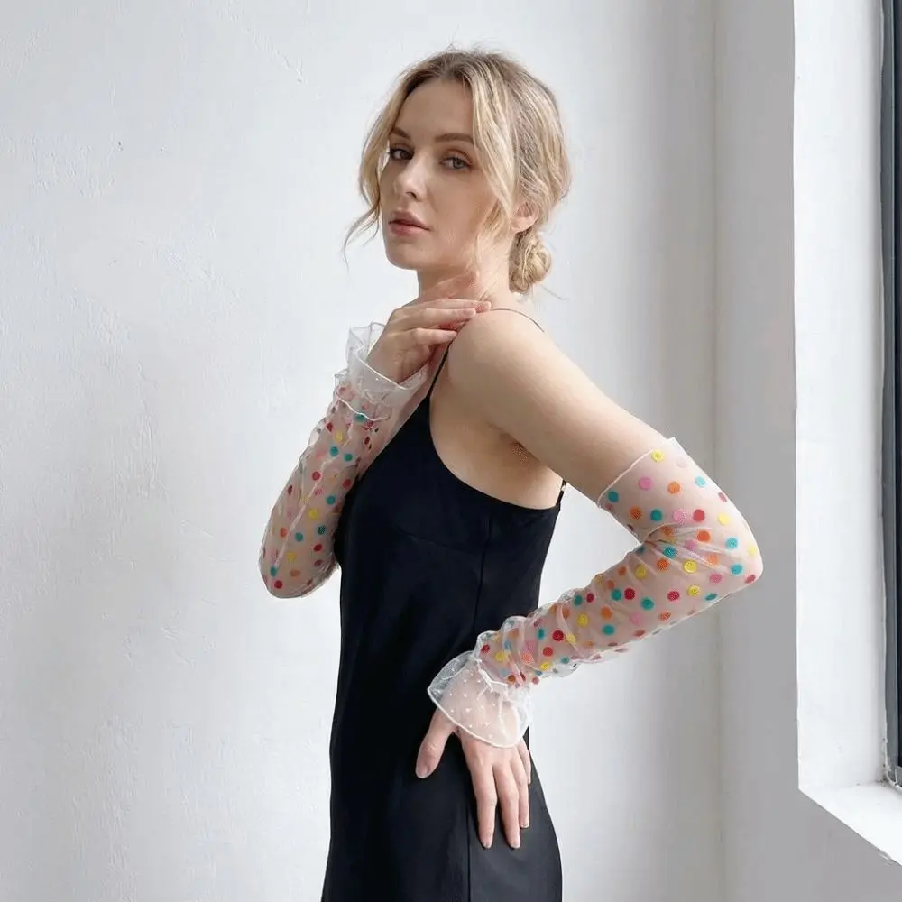 

Breathable Lolita Arm Sleeves Bow Polka Dot Pattern Long Fingerless Gloves Arm Protection Cloth Mesh Sunscreen Sleeves