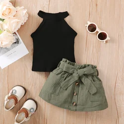 2PCS Baby Girl Clothing Set Ribbed Hanging Neck Top+Short Skirt Fashion Korean Style Summer Outfit for 3-24Months Toddler Girl