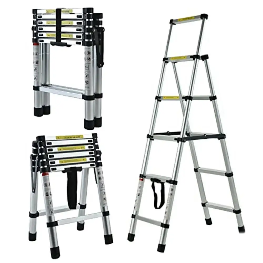 Telescopic Ladder Aluminum 6FT 7FT 5 Step Collapsible Folding Anti-Slip Wide Pedal Stool Stairs EN131 Certified 330lb Load