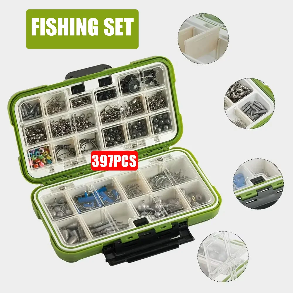 

Fishing Accessories Kit 264/397PCS Waterproof Fishing Lure Boxes with Fishhook Lead Sinkers Fishing Gear &Equipment Gift for Men