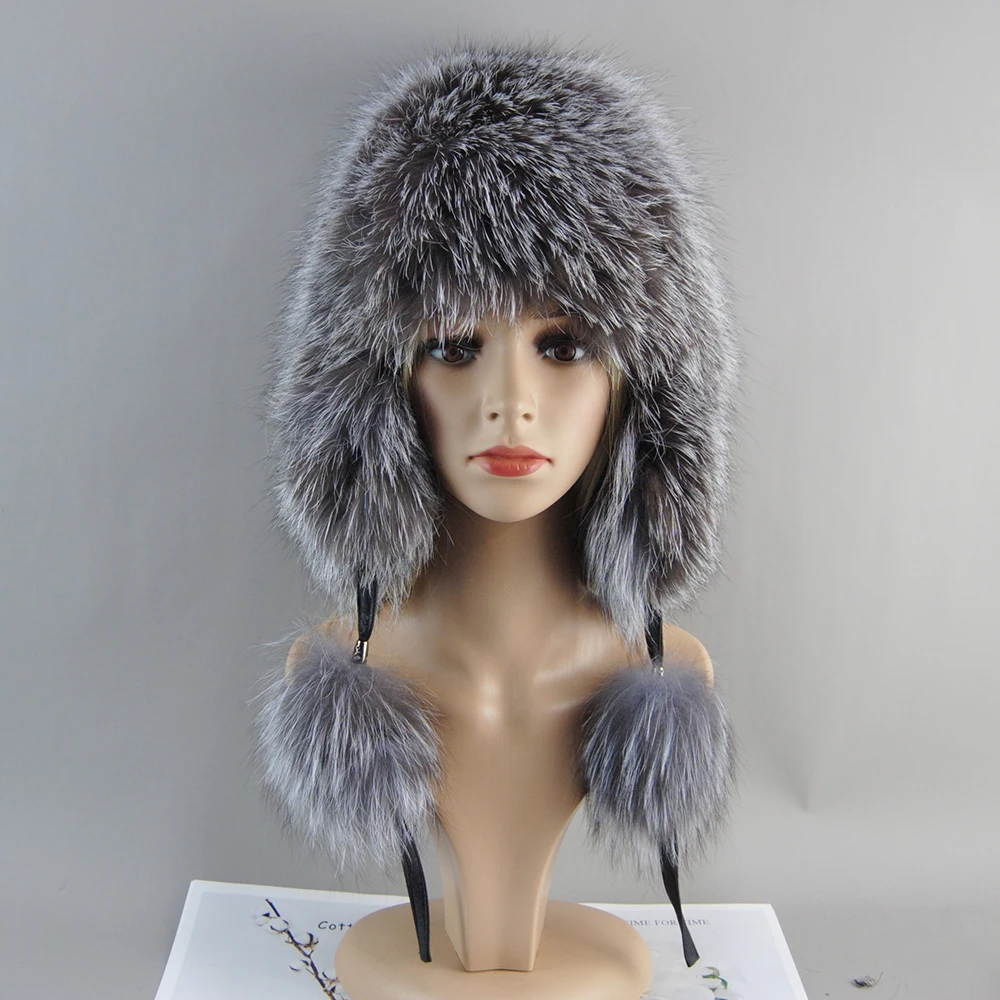 Luxury Women Natural Fox Fur Hat Real Fur Beanies Cap Knitted Hats Russian Brand Fashion Winter Warm Lady Cap Silver Fox Fur Hat