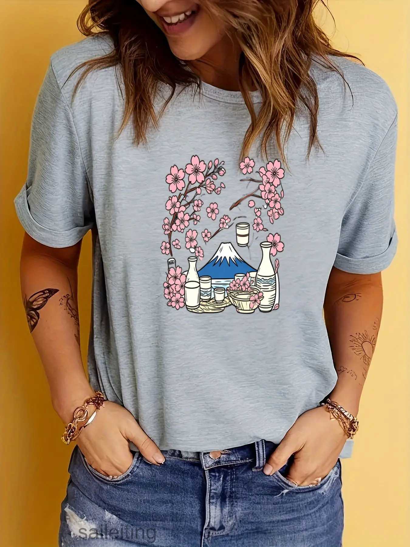 Japanese Mount Fuji Cherry Blossom T-Shirt - Vintage Sakura Graphic Tee, Short Sleeve Casual Top for Men Women, Summer Breath