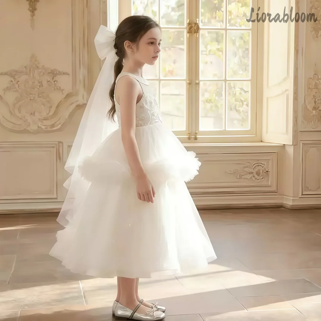 Abito da sposa bianco da bambina firmato, elegante e fresco, per damigella d'onore, a strati, per feste e serate