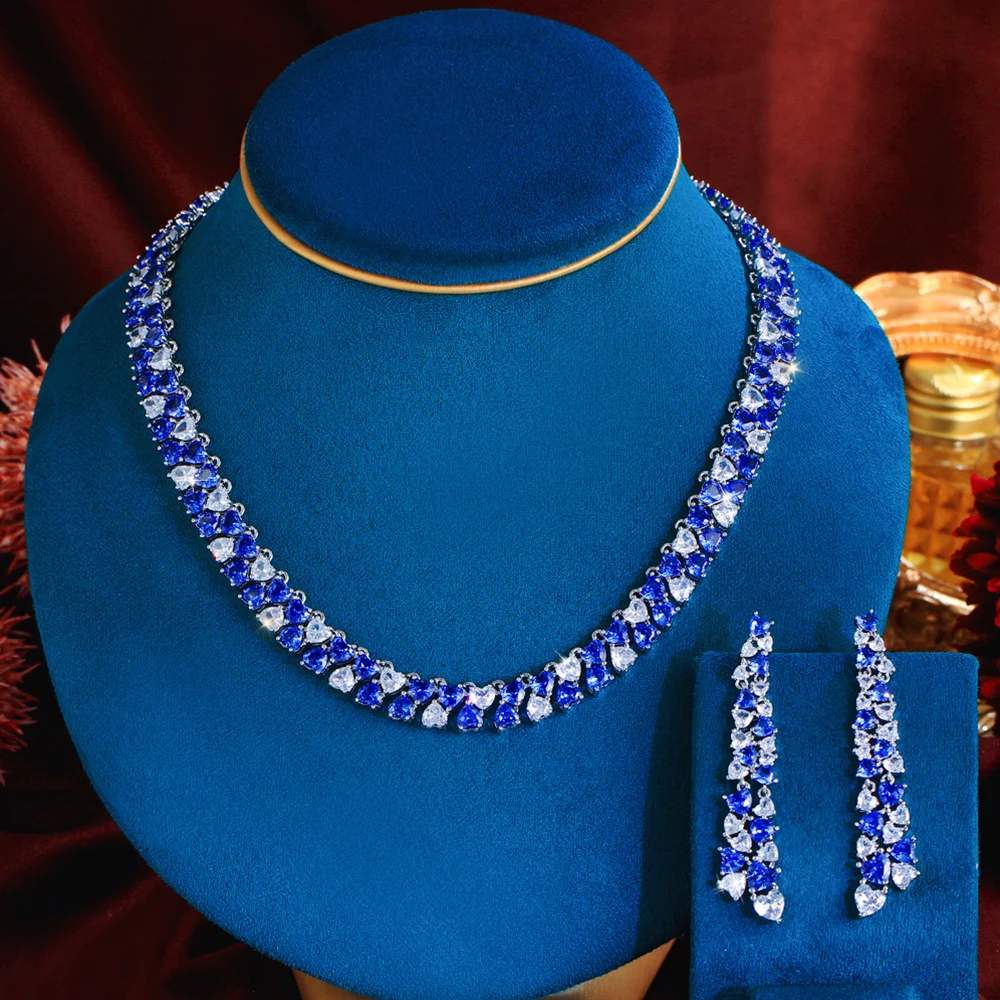 CWWZircons Luxuriöses Glänzendes Blaues CZ Herzförmiges Hochzeits-Bankett-Schmuckset mit Halskette und Ohrringen für Damen Großhandel T0972 – Detail 10