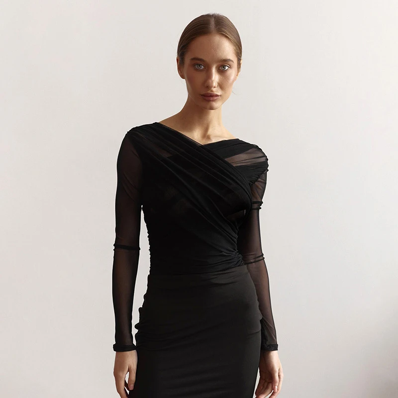 

Streetwear Crop Pleated Long Sleeve T Shirts Office Lady Ruched V-Neck Black Tees Women 2026 Summer Casual Sheer T Shirts Female