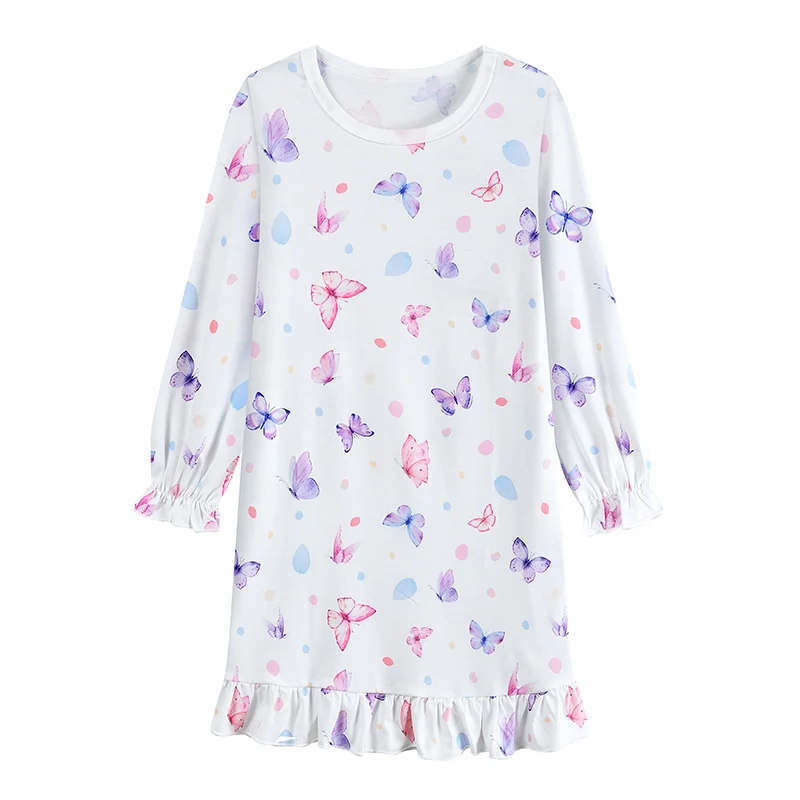 Little Hand Kids Girls Lightweight Breathable Sleep Dress Long Sleeve Cute Butterfly Print Ruffle Cuff Home Nightdress for 3‑10Y