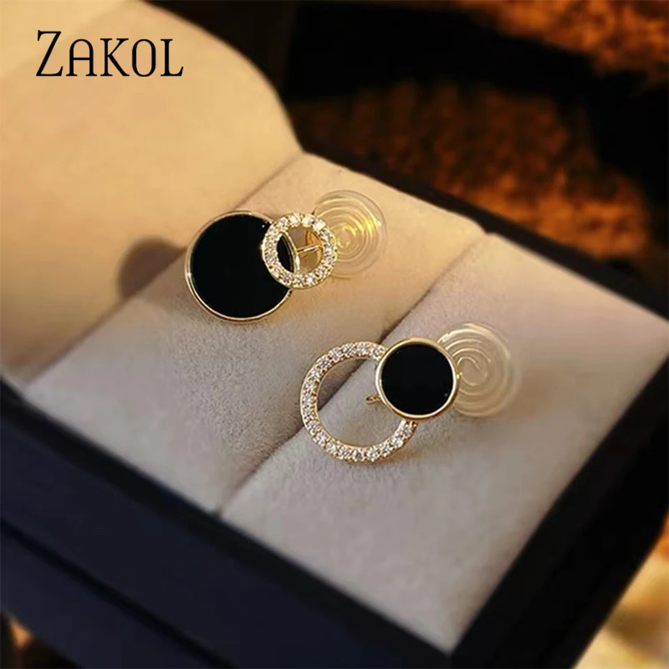 ZAKOL Fashion Asymmetrical Round Hollow Black Stud Earrings Simple Rhinestone Daily Accessories for Women image 2