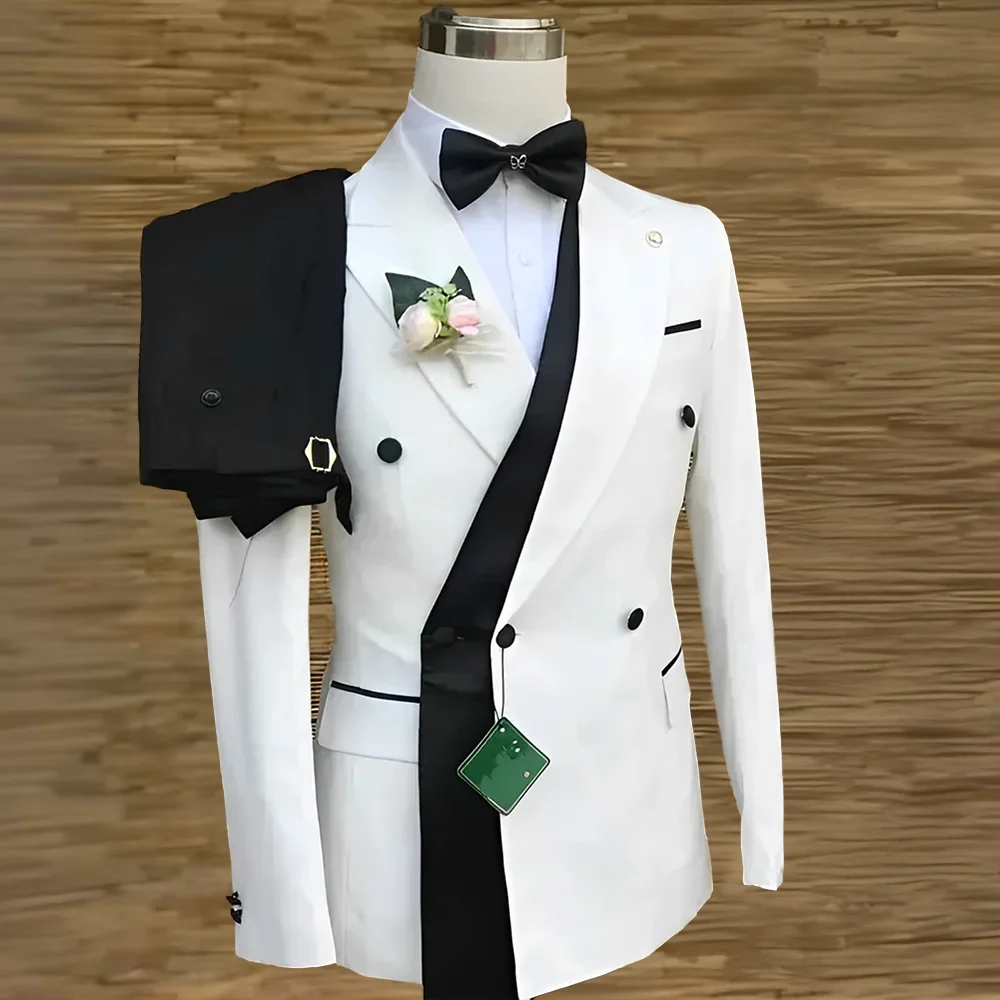 

Exquisite Men's Wedding Suit 2pcs Set White Jacquard Jacket Black Pants Tailored Fit Attire for Groom Dating Prom Party Tuxedo