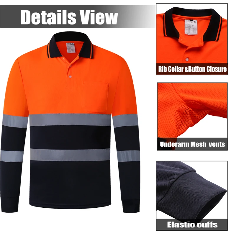 Two Tone Long Sleeve Safety Polo Shirt Orange High Visibility Reflective Shirt With Pockets Hi vis work shirt