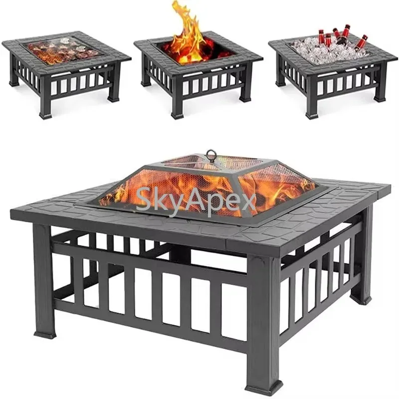 Modern Black Powder Coated Metal Fire Pit Table - Square Wood Burning Stove Heavy Duty Rustproof  Outdoor Patio Garden BBQ Party