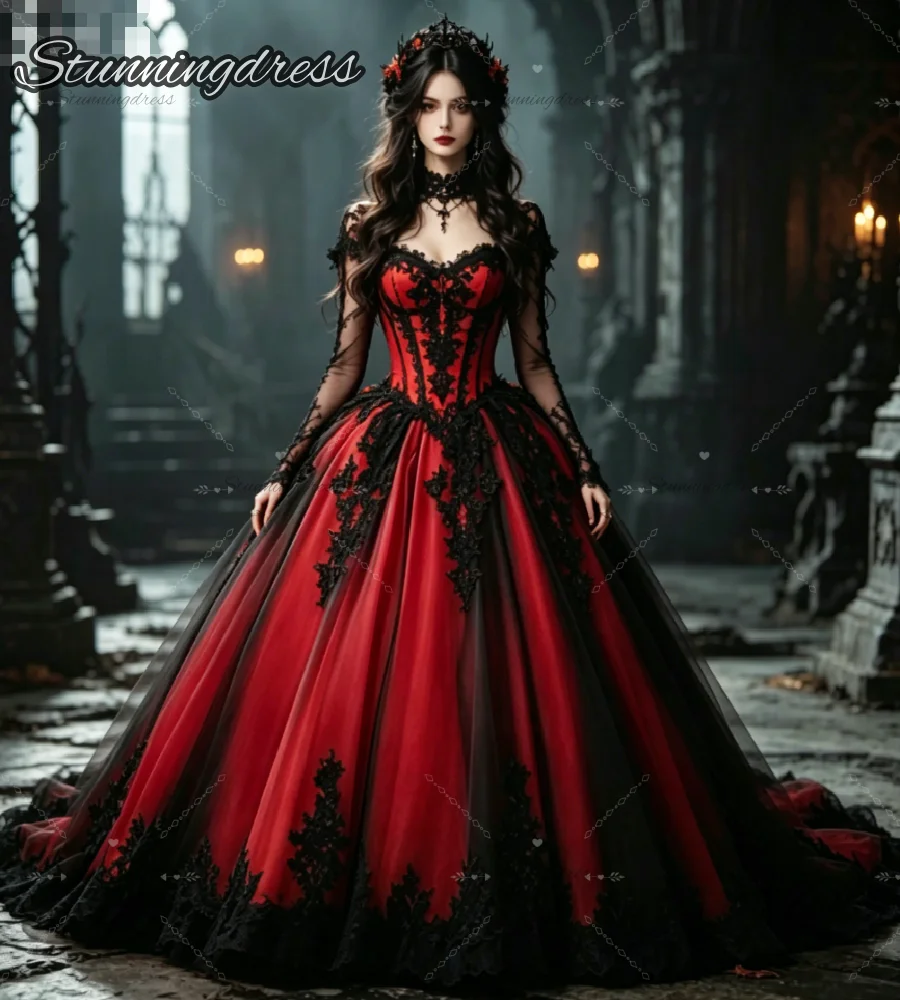 Halloween Gothic Orange Wedding Dress With Black Lace Vintage Alternative Long Sleeve Bridal Gowns Halloween Rustic Vestio Bodas