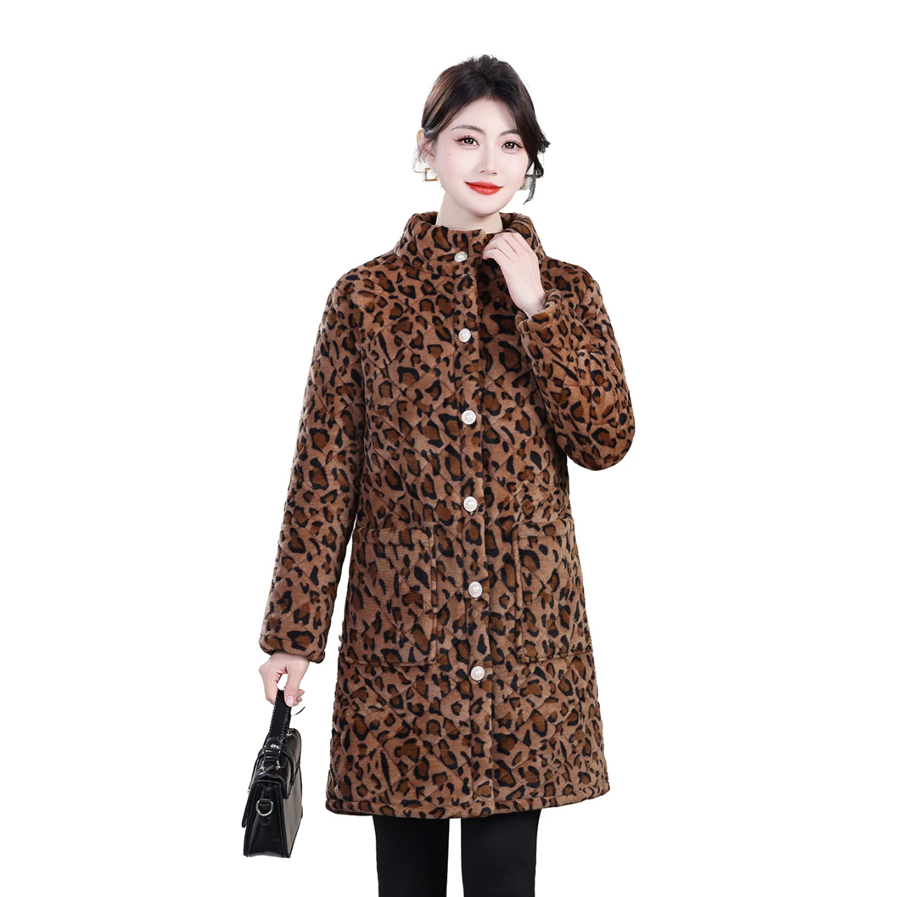 

Хлопковое женское пальто среднего и длинного размера, теплая куртка с шерстяной подкладкой, зимняя плюшевая куртка с леопардовым принтом из искусственного меха для пожилых людей среднего возраста