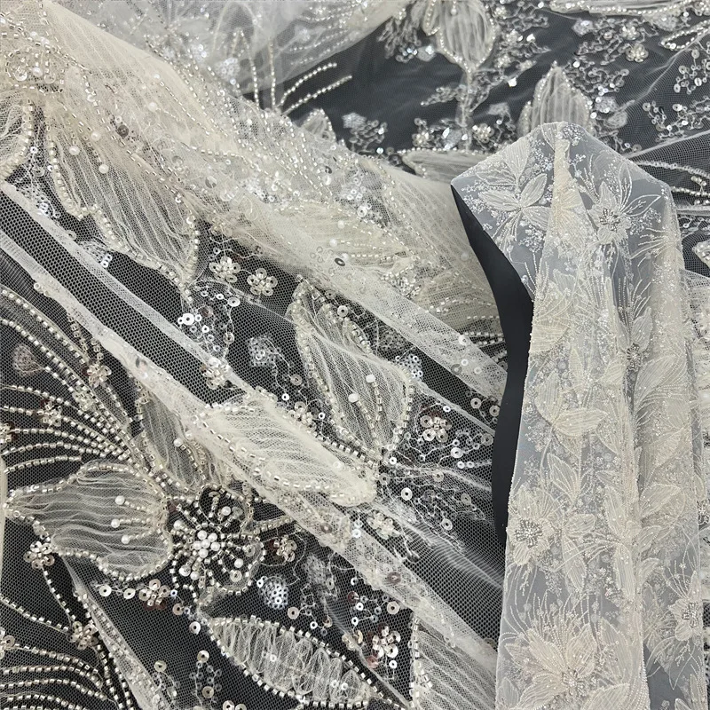 

New 3D floral embroidered lace fabric with beads and sequins for wedding dress designer DIY clothing, sold by the yard