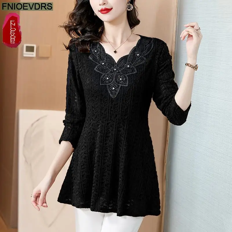 M-4XL Loose Clothes 2024 Women Winter Basic Wear Ruffles Shirts Drawstring Wasit Retro Vintage Flower Lace Tops Blouses