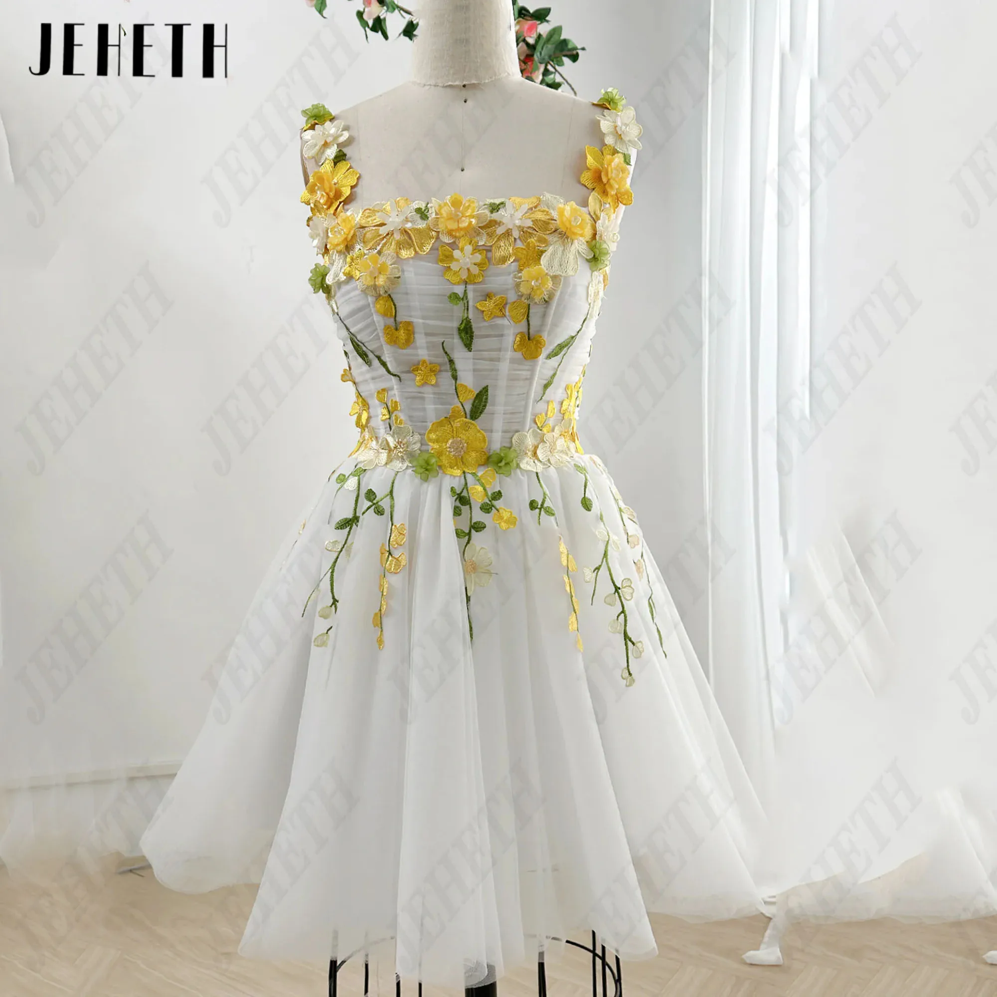 JEHETH Mini Flowers Prom Dress A-Line Embroidery Spaghetti Straps Tulle Lace Up Sleeveless Above Knee Backless Vestidos De Gala