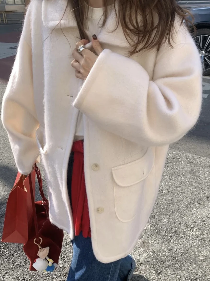 معطف صوفي دافئ كوري للنساء شتوي متوسط الطول بزر واحد وياقة أمامية من الفلانيل Jaet Gentle Fene #2