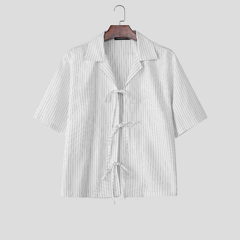 

INCERUN Мужская полосатая рубашка с лацканами и коротким рукавом на шнуровке Мужская одежда Уличная одежда Лето Корейский стиль Модные повседневные топы Мужские рубашки