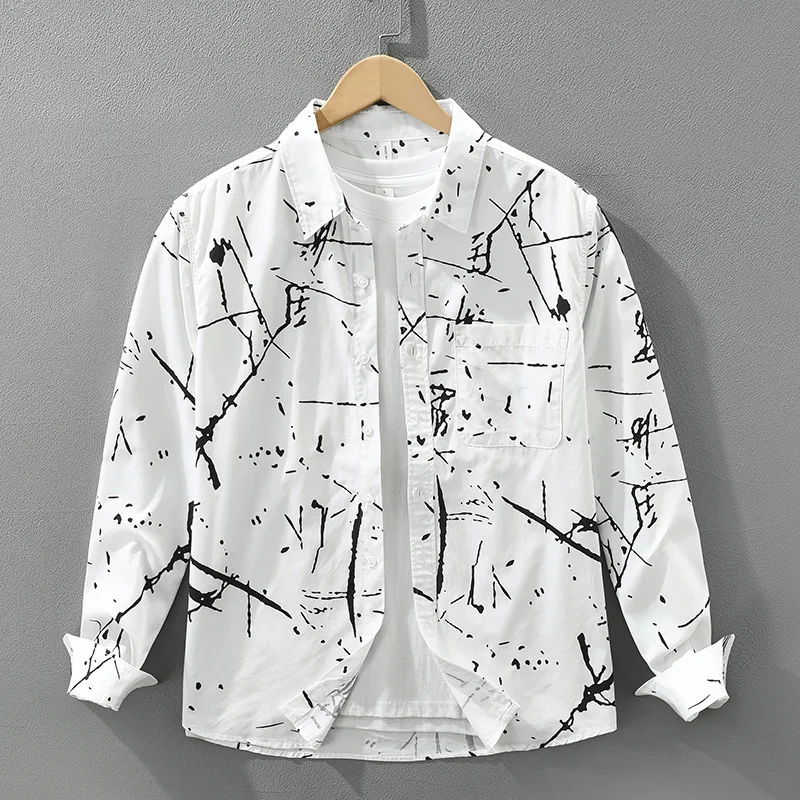 

Trendy Japanese Sle Long Sve Loose Casual irt for Men Faionable All-Match Artistic Printed Loose Top Street Sle