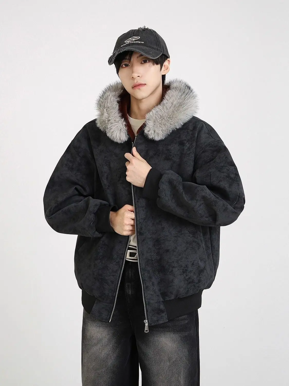 

Американская ретро-куртка с капюшоном из хлопка и искусственной кожи, высококачественная, осенне-зимняя, утепленная, широкая, мужская, двусторонняя, для носки в любую сторону