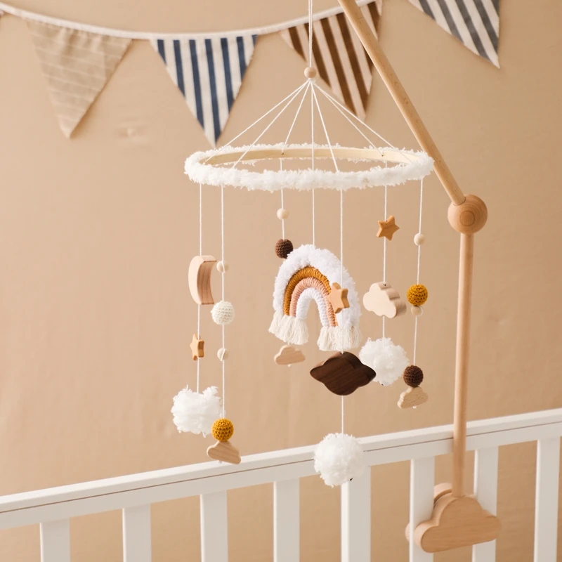 Baby Houten Bed Bell Speelgoed Pasgeboren Mobiele Telefoons Wieg Regenboog Hangende Hanger Rammelaar Educatie Montessori Speelgoed Voor Kinderen Geboorte Cadeau