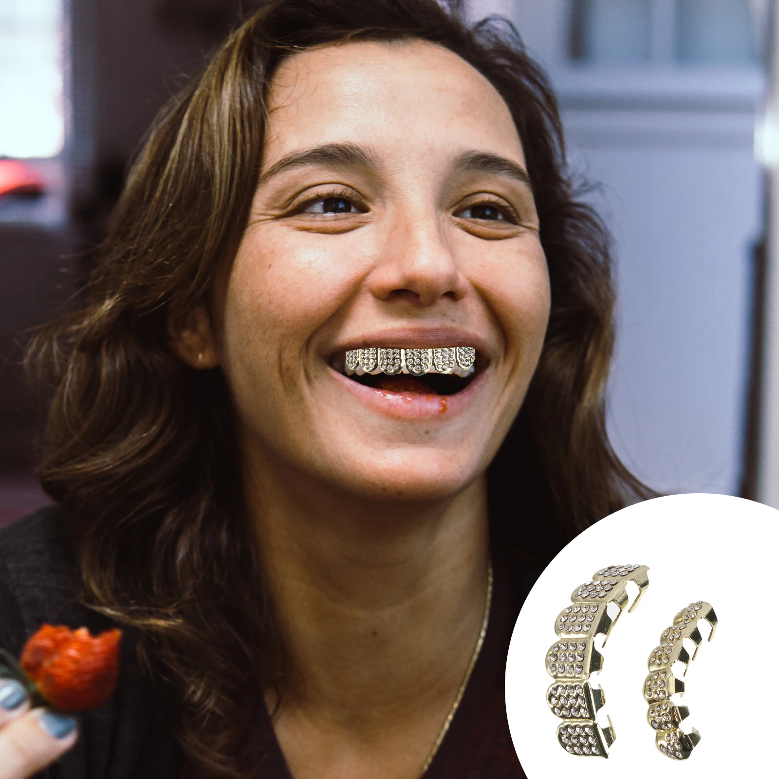 1 Set Strass Gold Zahnspange Kupfer Glänzende Zähne Dekoration Für Halloween Party Konzert Geburtstagsgeschenk Silber Unteres Obermaterial