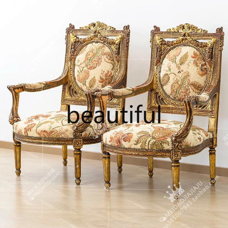 French retro solid wood carving flower single sofa chair gold old fabric studio armrest reception chair sofa