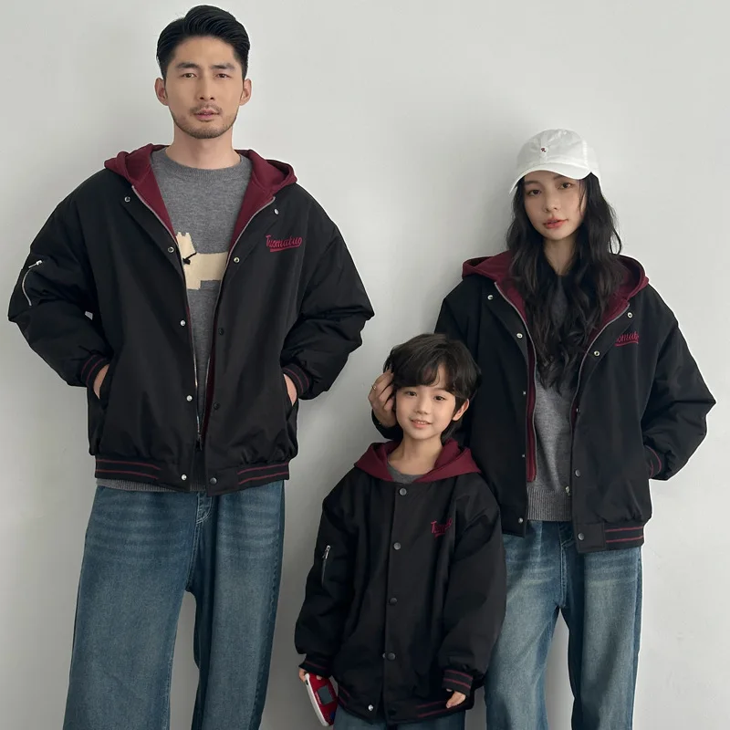 2026 Winter Korean Style Embroidery Hooded Padded Coat for Parents & Kids Unisex Warm Jacket Thickened Family Matching Outfits