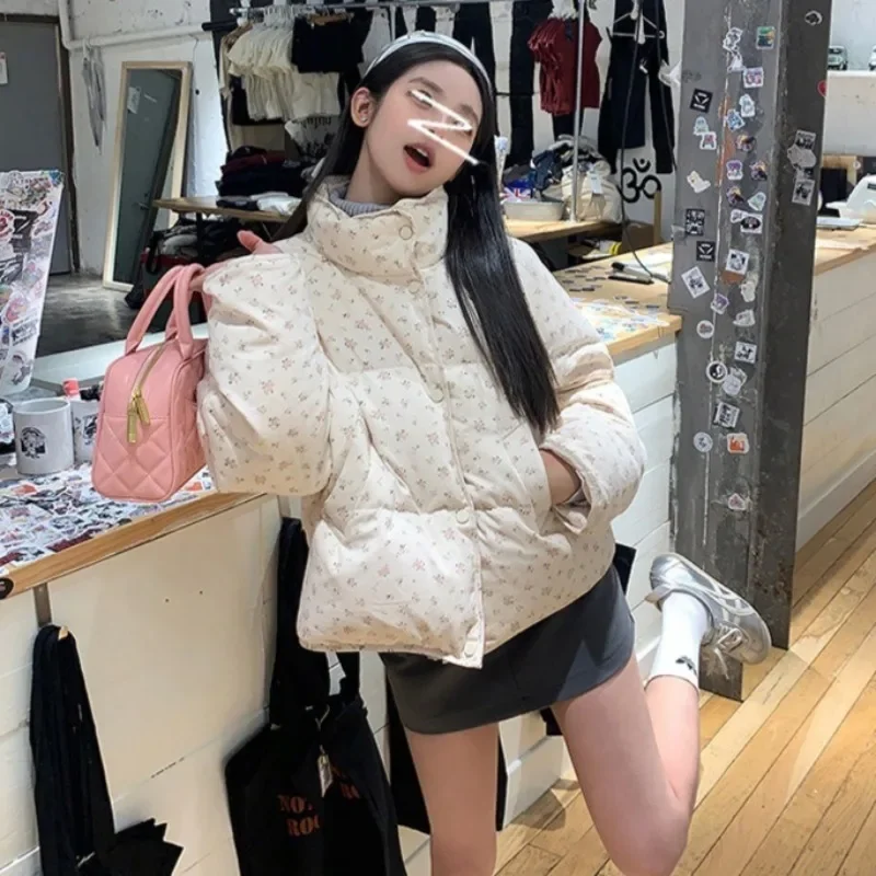 

Женская зимняя парка, пальто с цветочным дизайном, воротник-стойка, пуховая хлопковая куртка, женская однобортная утепленная теплая хлопковая одежда