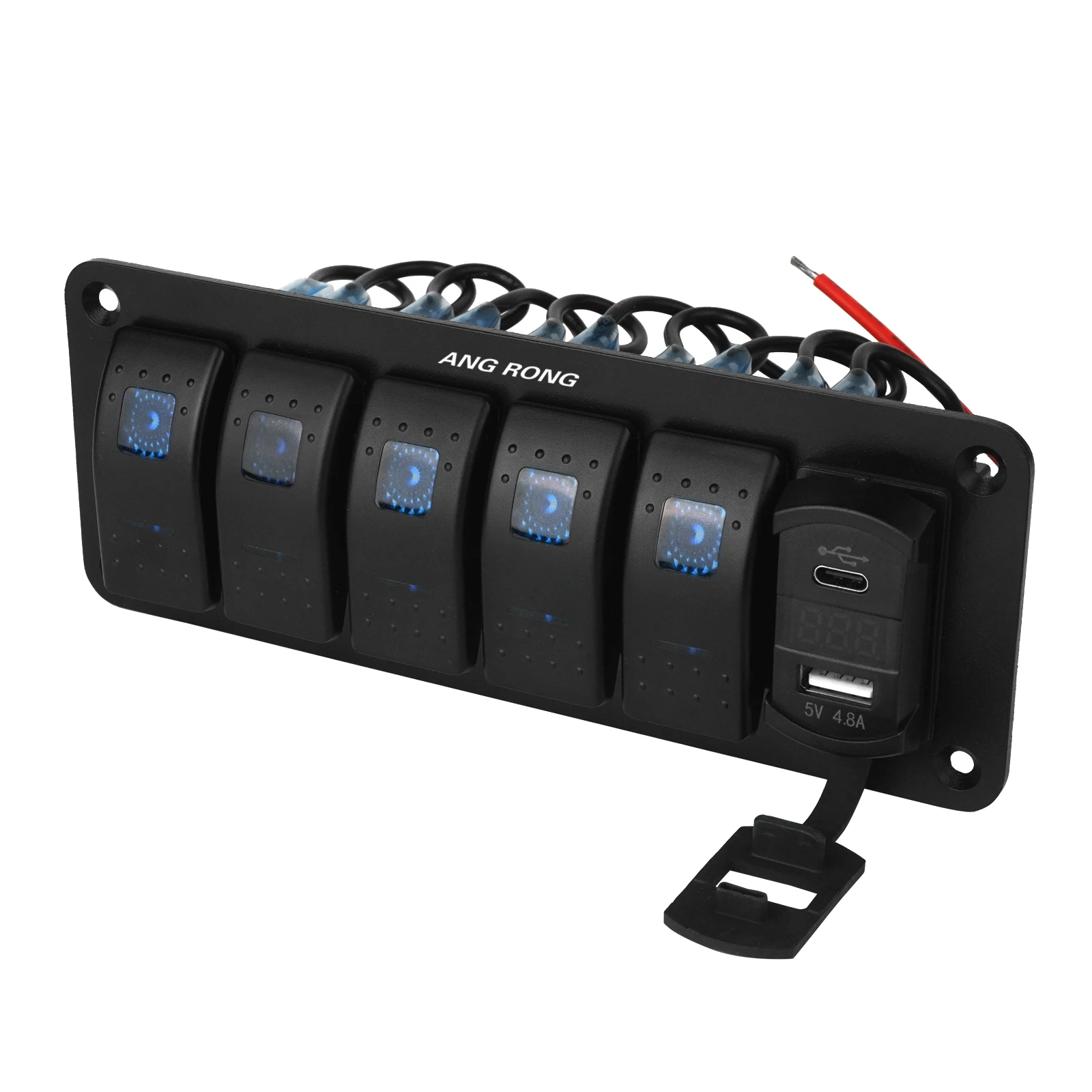 5 Gang Blue LED Toggle Rocker Switch Panel W/ USB + Type C Charger For Car Marine Boat Camper Van RV
