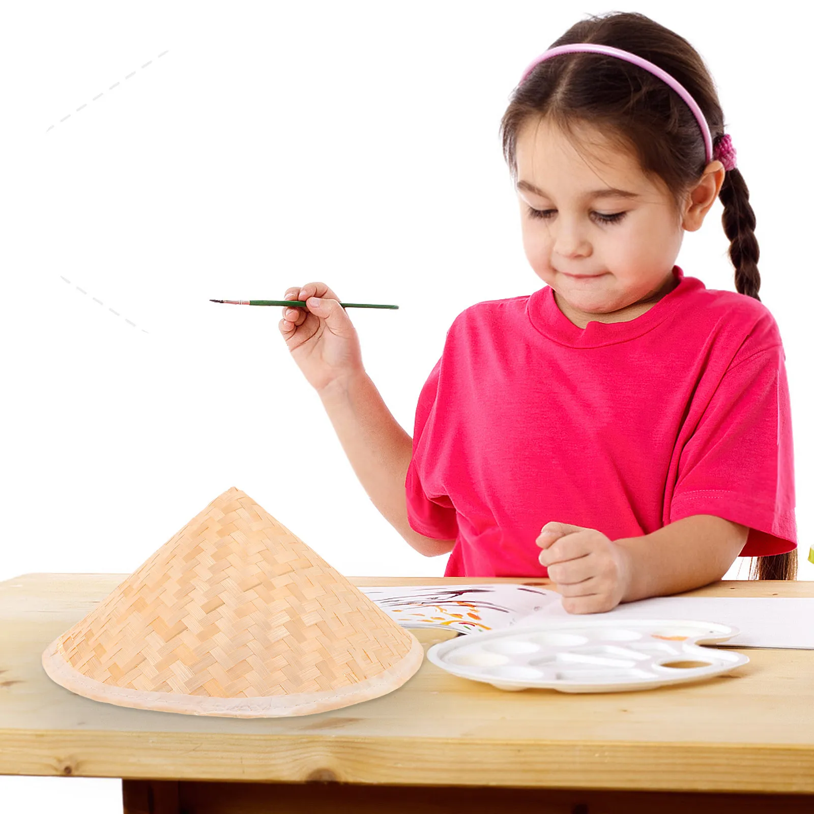 3Pcs Children Conical Bamboo Hat Handmade Lightweight Breathable Sun Hat DIY Painting Oriental Cosplay Caps Party Performance