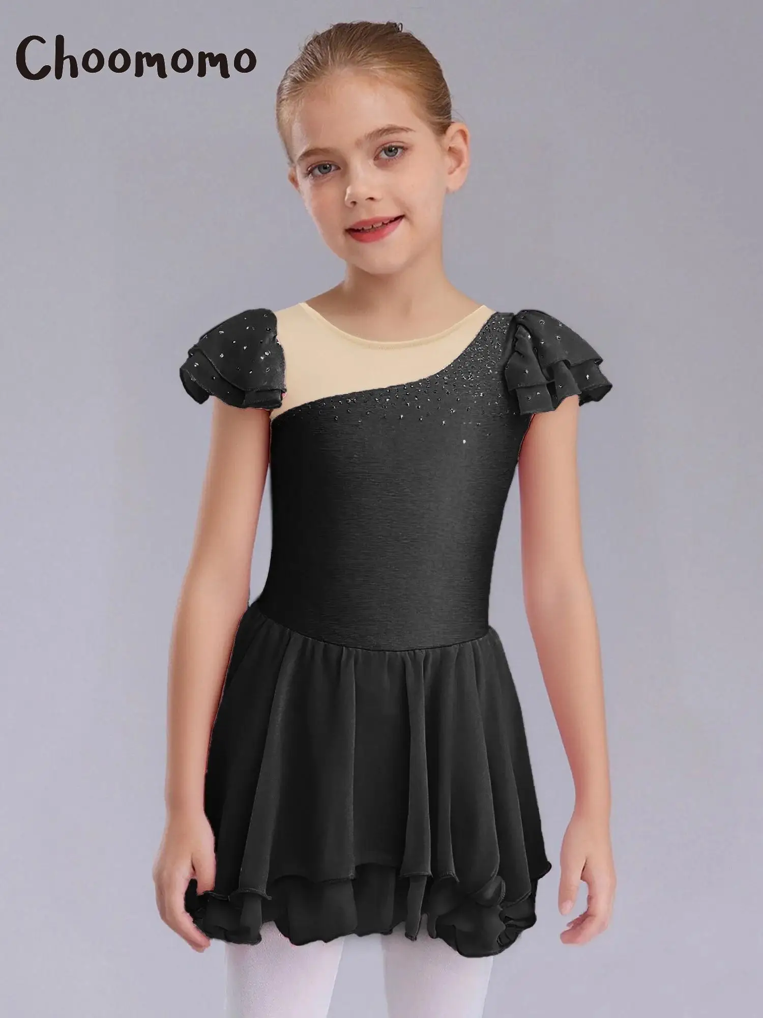 

Kids Girls Sleeveless Ruffle Gymnastics Ballet Leotard Dress Sheer Mesh Patchwork Rhinestones Figure Skating Costume