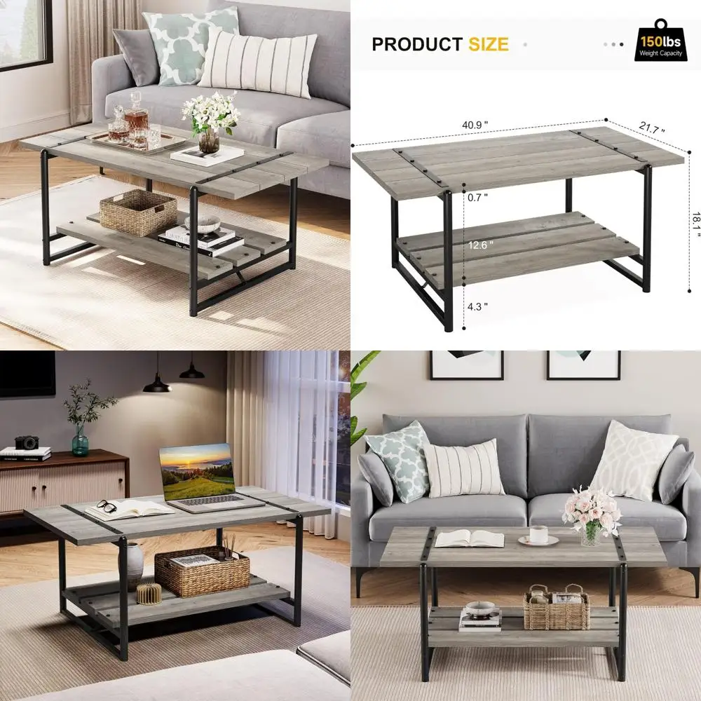 

Large Gray Wood 2-Tier Farmhouse Coffee Table with Storage Shelf - Modern Rustic Metal Center for Living Room