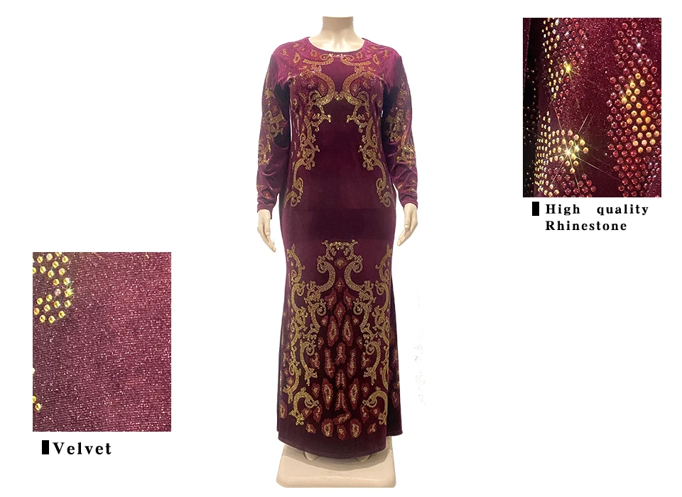 2024 New Muslim Velvet Maxi Dress Cocktail Party Evening Elegant Round Neck Velvet Formal Dress Long Sleeve Maxi Dress Clothing